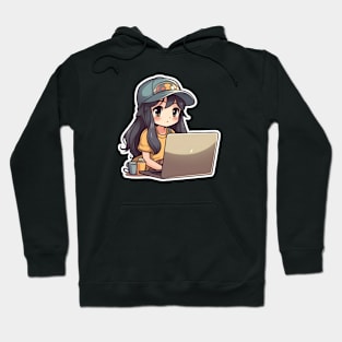 Kawaii Anime girl using laptop Hoodie